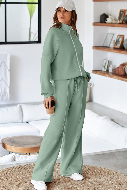 Solid Zip-Up Jacket and Drawstring Pants Set - FamilyClothes