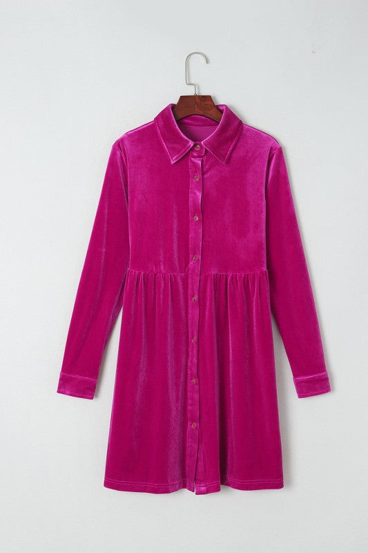 Velvet Button-Up Long Sleeve Ruffle Dress - FamilyClothes