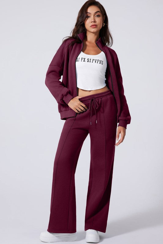 Solid Zip-Up Jacket and Drawstring Pants Set - FamilyClothes