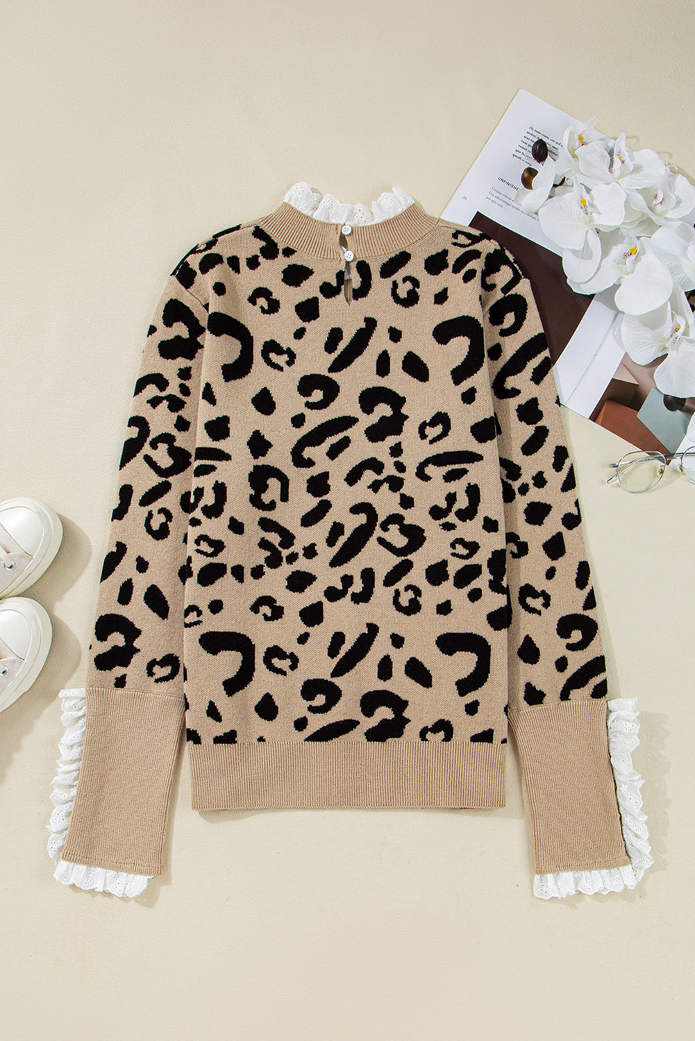 Brown Leopard Pattern Lace Trim Ribbed Detail Button Cuffed Sweater - FamilyClothes