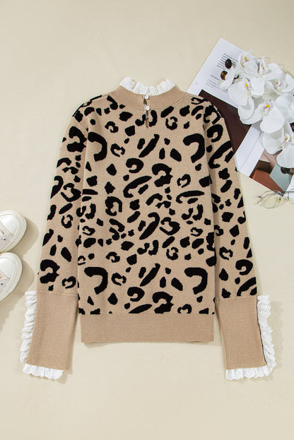 Brown Leopard Pattern Lace Trim Ribbed Detail Button Cuffed Sweater - FamilyClothes