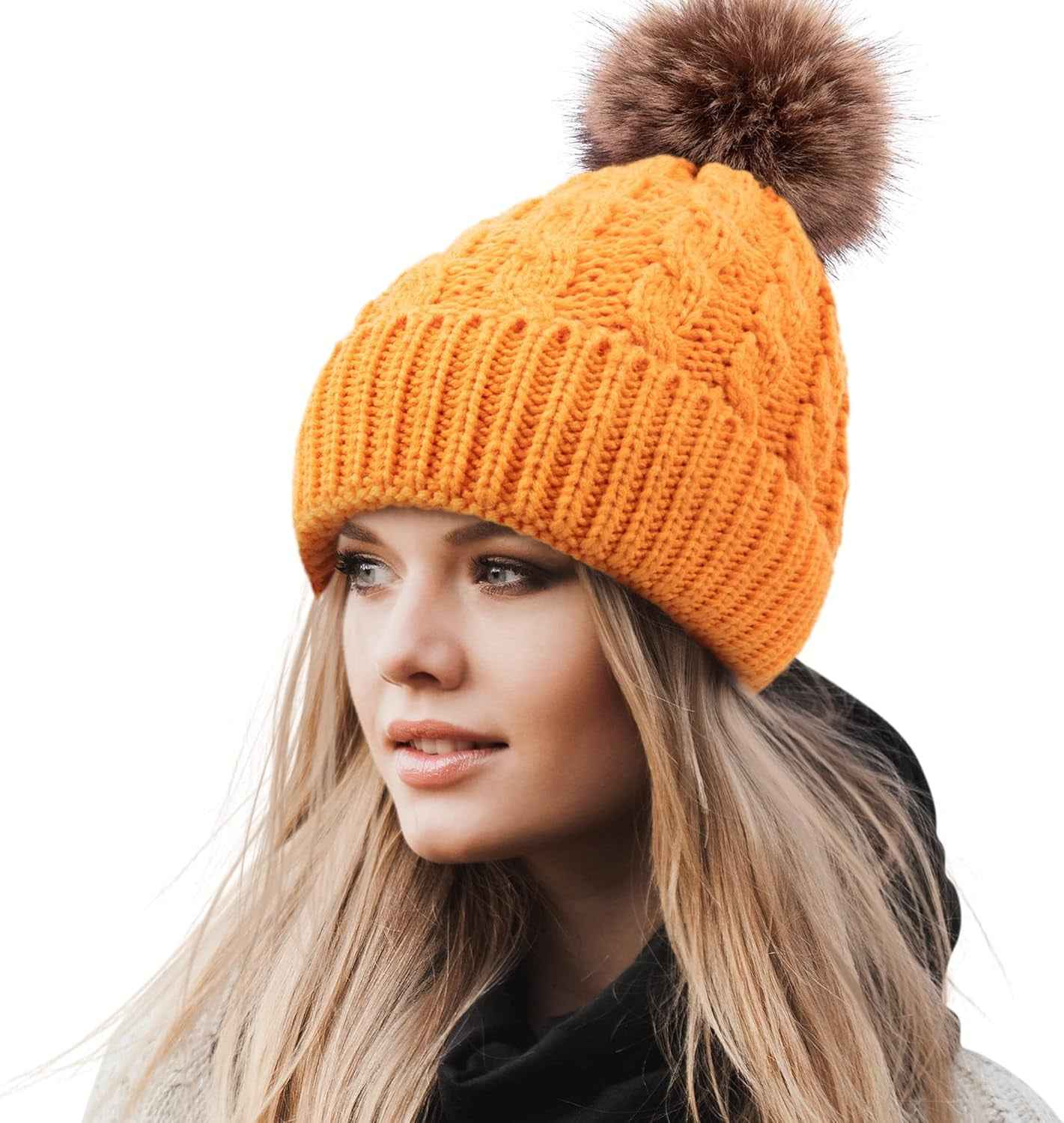 Women'S Winter Soft Knit Beanie Hat with Faux Fur Pom Pom Warm Skull Cap Beanies for Women