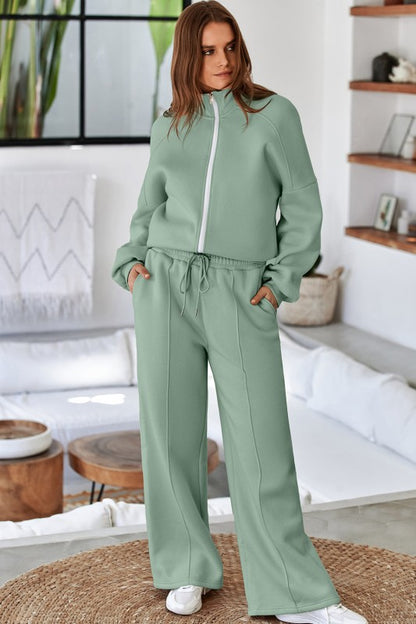 Solid Zip-Up Jacket and Drawstring Pants Set - FamilyClothes
