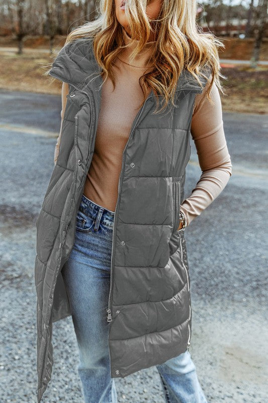 Solid Quilted Long Hooded Vest Coat - FamilyClothes