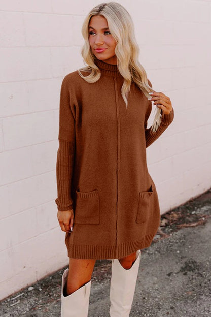 Solid Ribbed Mock Neck Sweater Dress - FamilyClothes