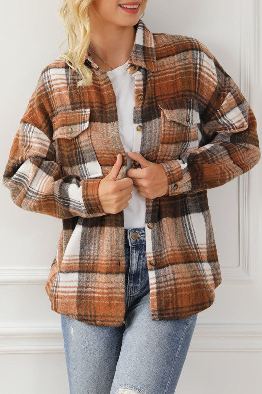 Plaid Flap Chest Pockets Shacket - FamilyClothes