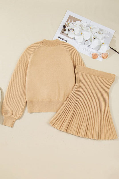 Solid High Neck Sweater and Pleated Mini Skirt Set - FamilyClothes