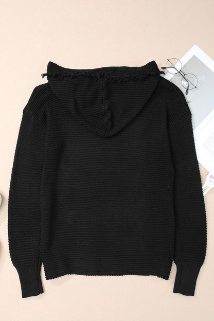 Solid Ribbed Drop Shoulder Hooded V-Neck Sweater - FamilyClothes