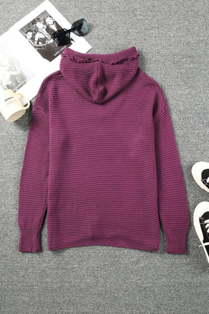 Solid Ribbed Drop Shoulder Hooded V-Neck Sweater - FamilyClothes