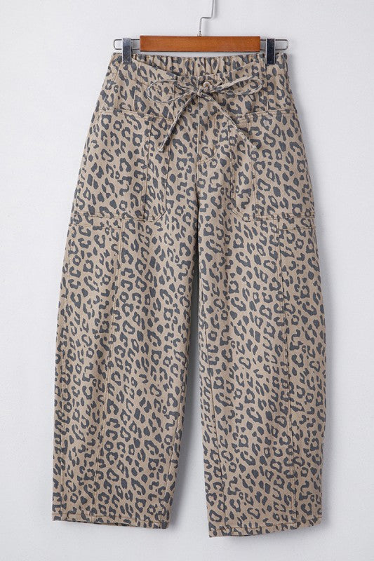 Leopard Printed Drawstring Elastic Waist Leg Jeans - FamilyClothes