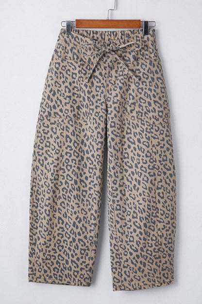 Leopard Printed Drawstring Elastic Waist Leg Jeans - FamilyClothes