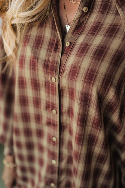 Red Plaid Mini Shirt Dress with Ruffled Long Sleeves and Patchwork Hem - FamilyClothes