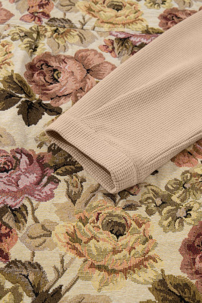 Floral Waffle Knit Patchwork Chest Pocket Buttoned - FamilyClothes