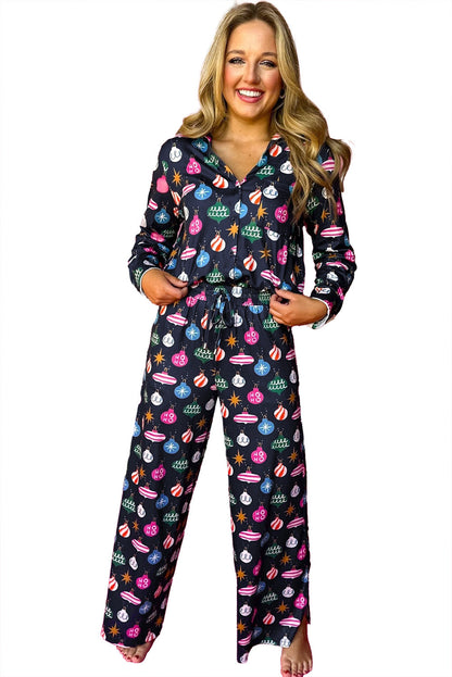 Navy Blue Colorful Christmas Lights Print Shirt and Pants Pajama Set - FamilyClothes