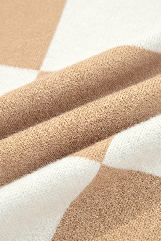 Checker Short Sleeve Drop Shoulder Sweater - FamilyClothes