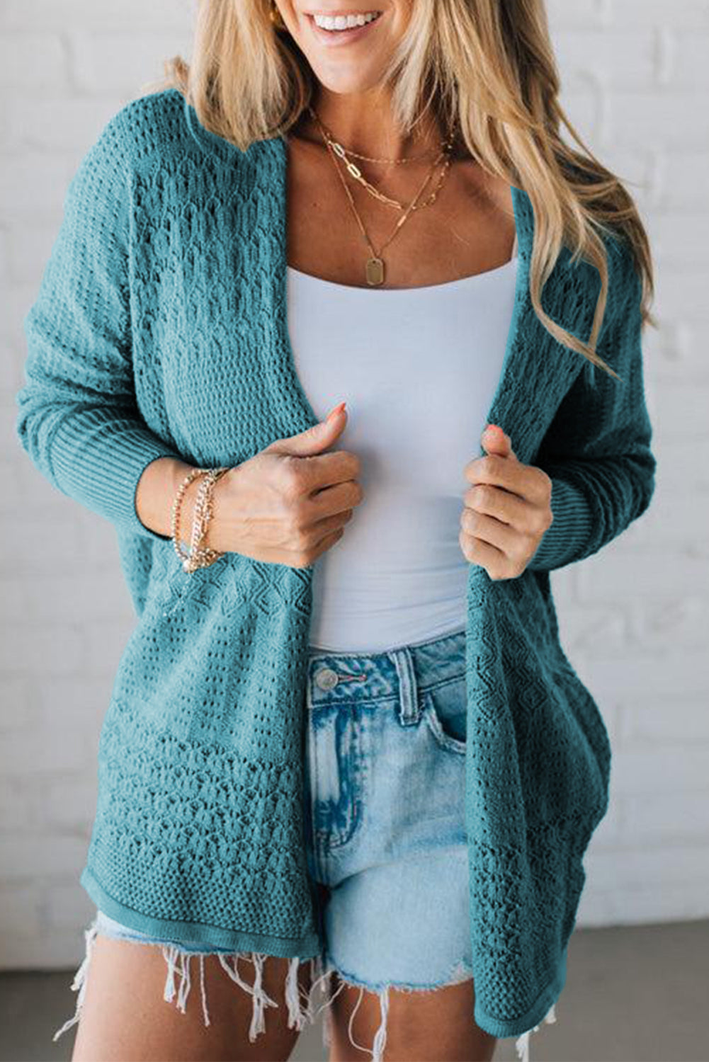 Lapis Mix Pattern Cardigan for Stylish Layering - Hollow Knit Open Front - FamilyClothes