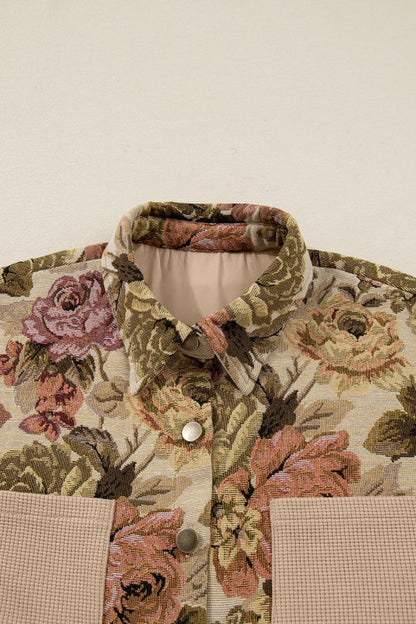 Floral Waffle Knit Patchwork Chest Pocket Buttoned - FamilyClothes
