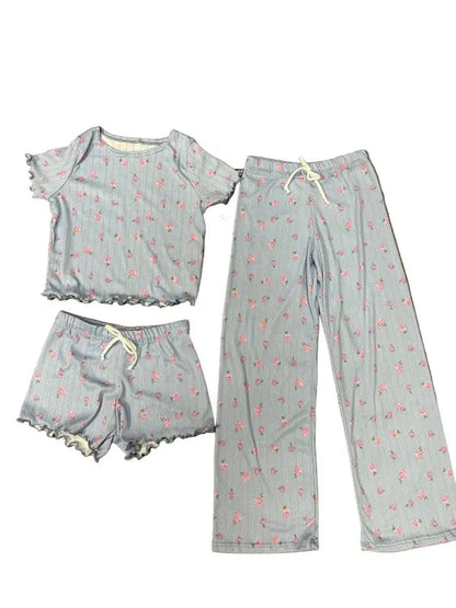 Girls Printed Lounge 3 Pc Short Sleeve Top Pants a - FamilyClothes