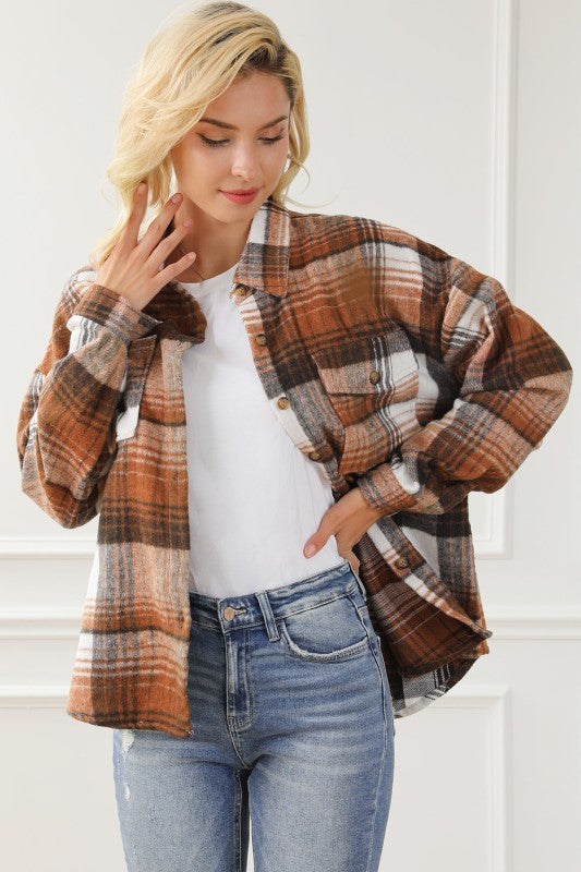 Plaid Flap Chest Pockets Shacket - FamilyClothes