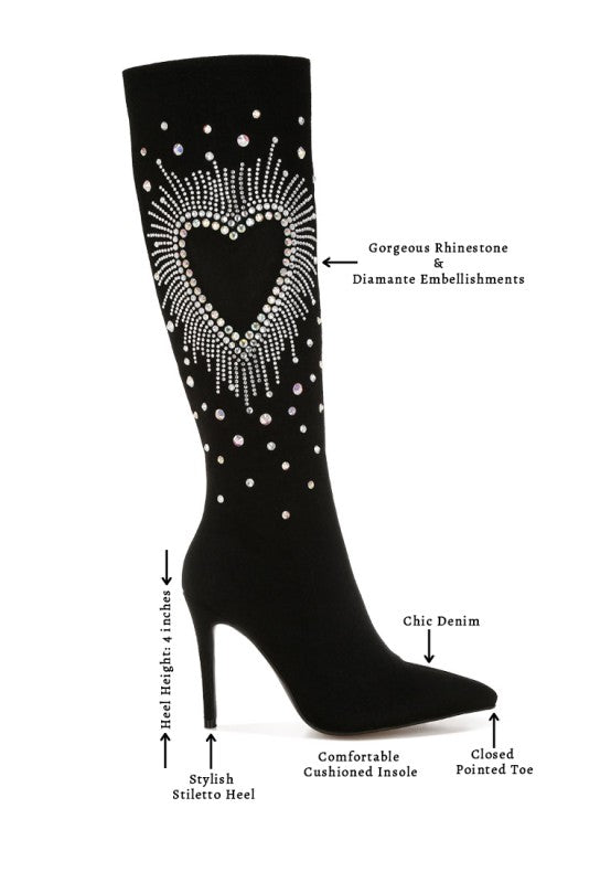 Coastra Rhinestone Embellished Stiletto Boots - FamilyClothes