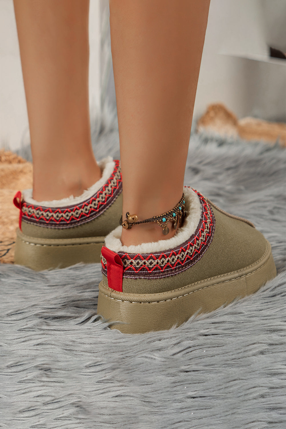 Chestnut Suede Flats with Contrast Print and Plush Lining - FamilyClothes