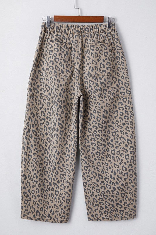 Leopard Printed Drawstring Elastic Waist Leg Jeans - FamilyClothes