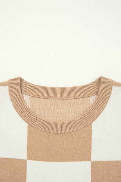 Checker Short Sleeve Drop Shoulder Sweater - FamilyClothes
