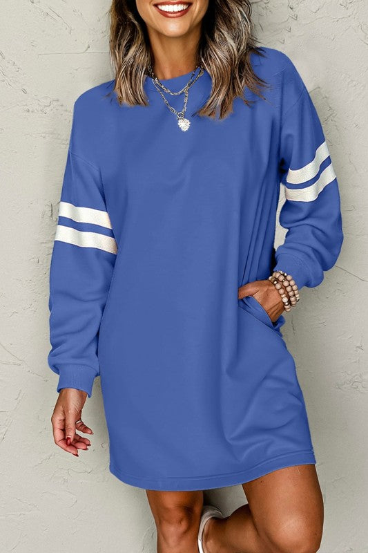 Varsity Stripe Long Sleeve Sweatshirt Dress - FamilyClothes