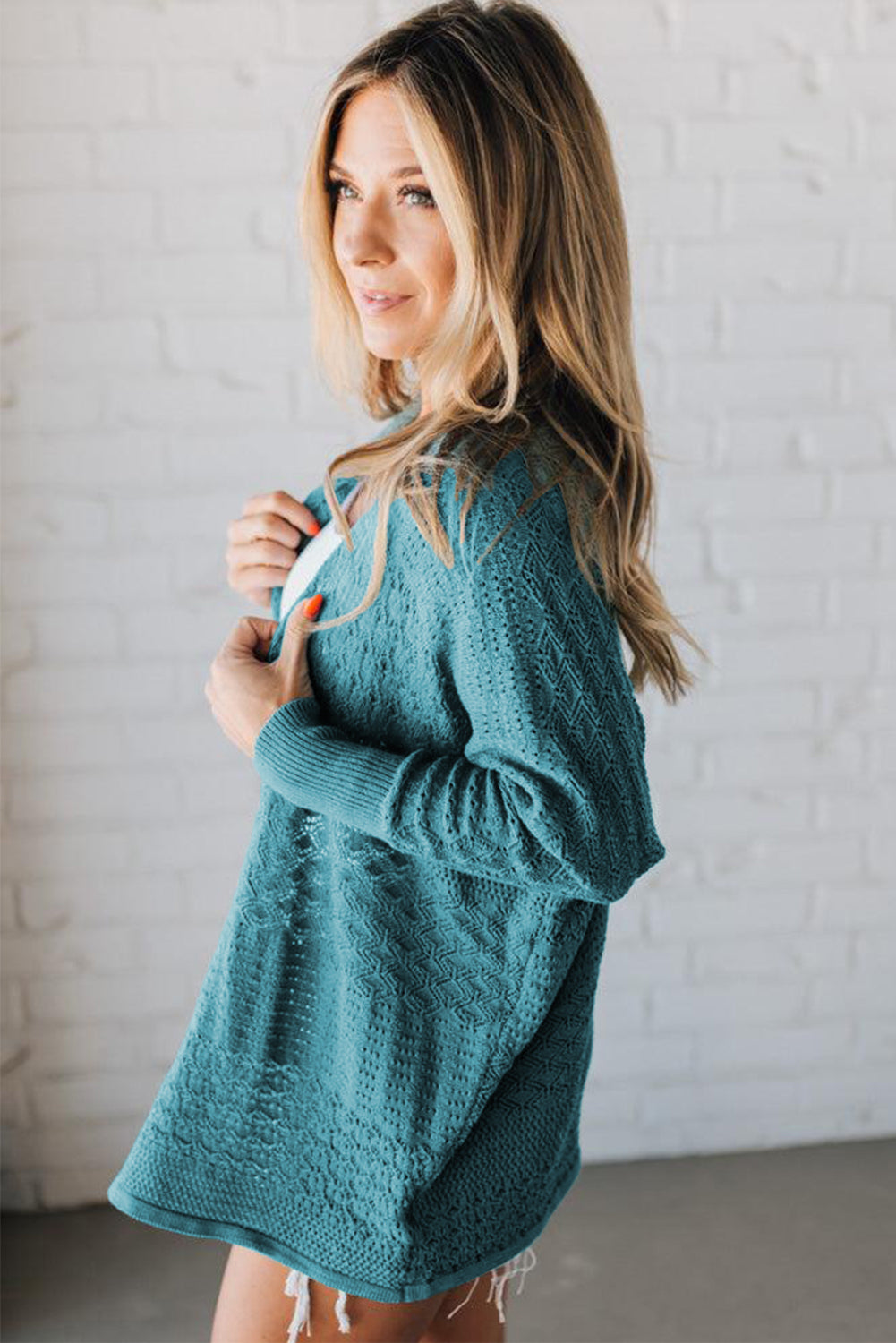 Lapis Mix Pattern Cardigan for Stylish Layering - Hollow Knit Open Front - FamilyClothes