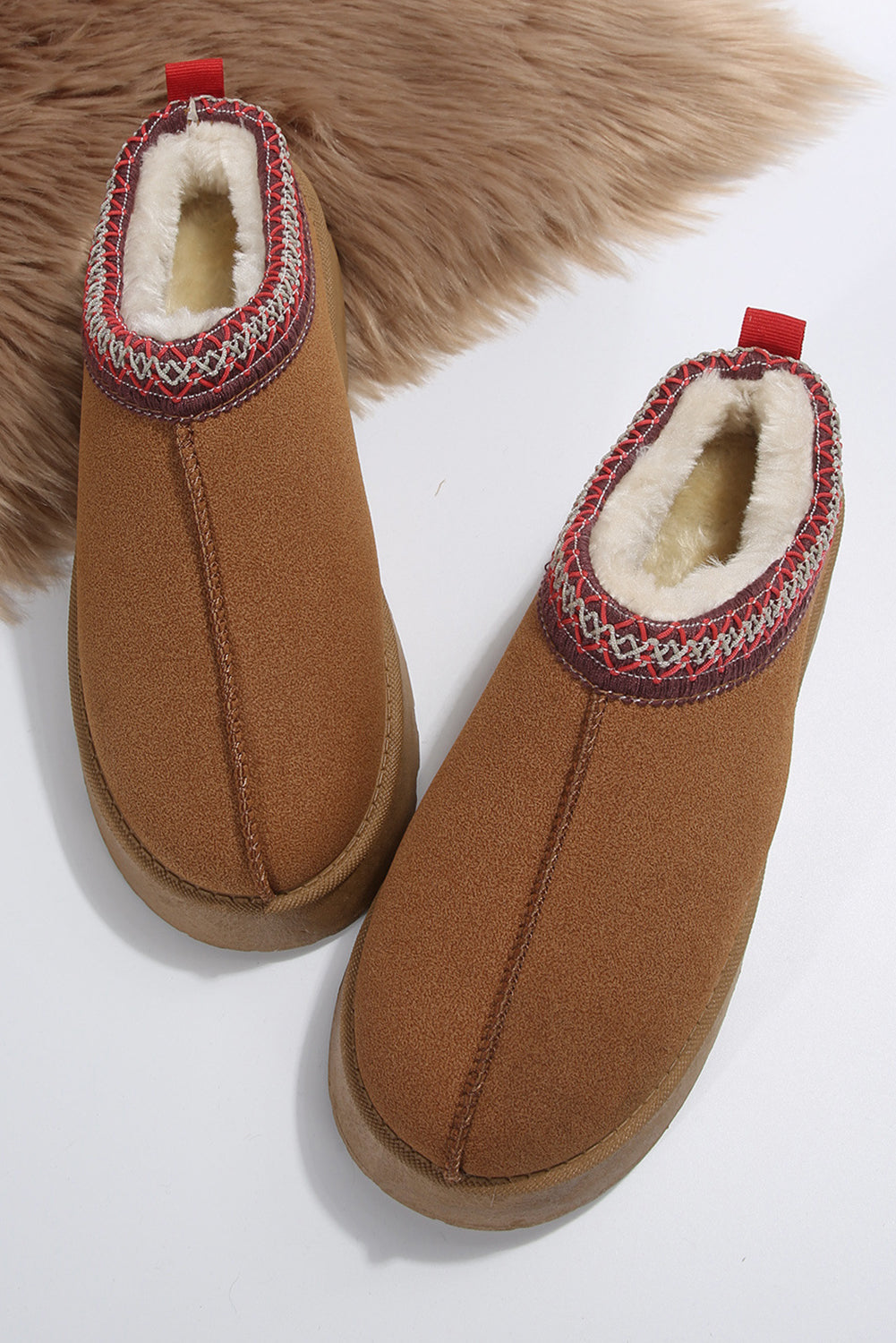 Chestnut Suede Flats with Contrast Print and Plush Lining - FamilyClothes