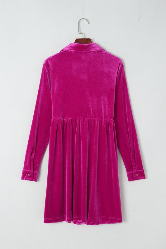 Velvet Button-Up Long Sleeve Ruffle Dress - FamilyClothes