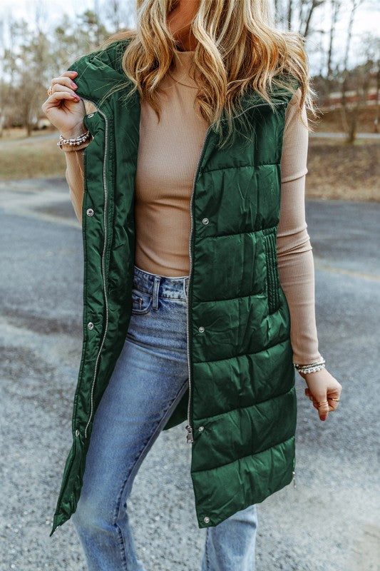 Solid Quilted Long Hooded Vest Coat - FamilyClothes