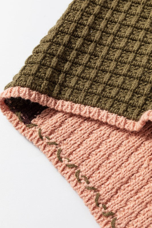 Colorblock Waffle Knit Sweater with Drawstring Mock Neck - FamilyClothes