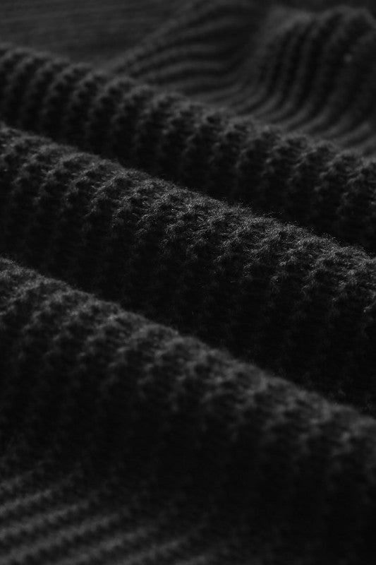 Solid Ribbed Drop Shoulder Hooded V-Neck Sweater - FamilyClothes