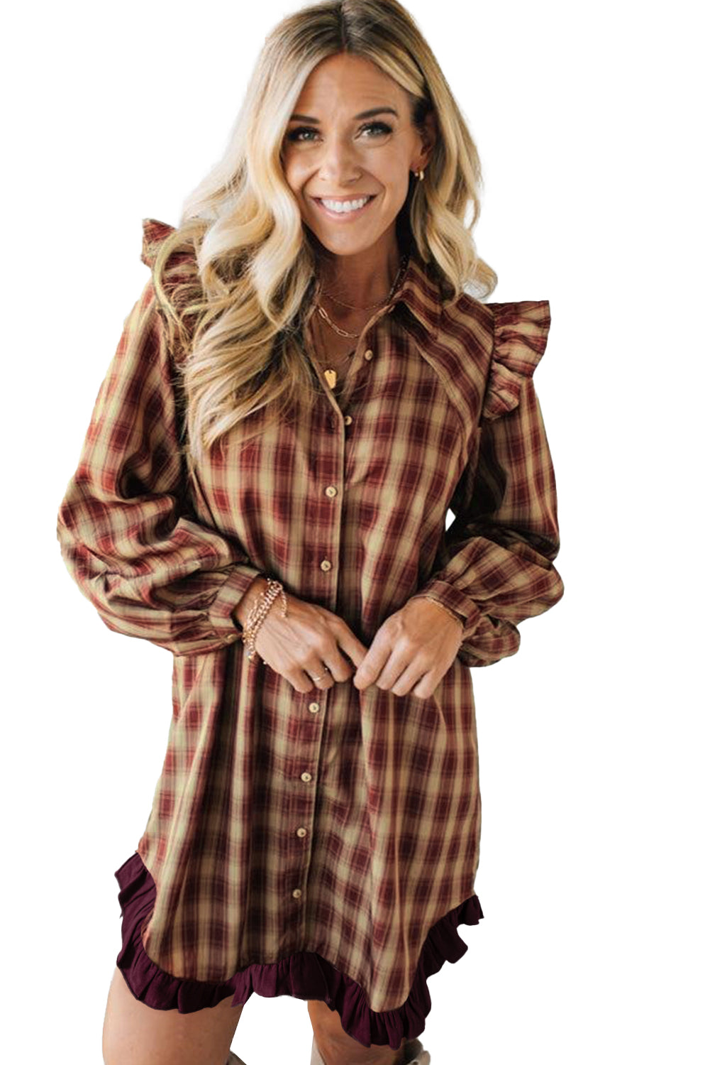 Red Plaid Mini Shirt Dress with Ruffled Long Sleeves and Patchwork Hem - FamilyClothes