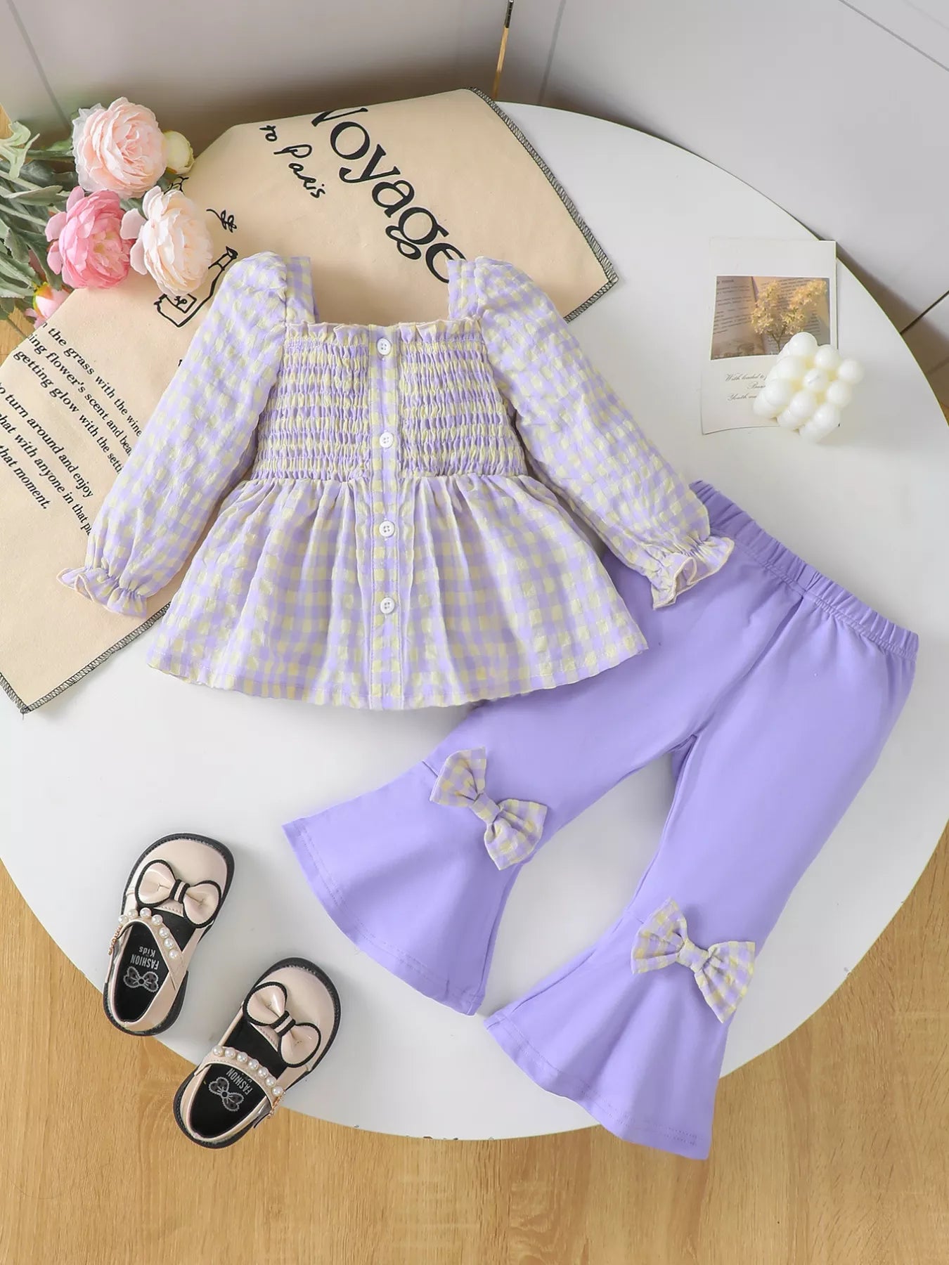 Children's Gingham Smocked Top and Bow Pants Set - FamilyClothes