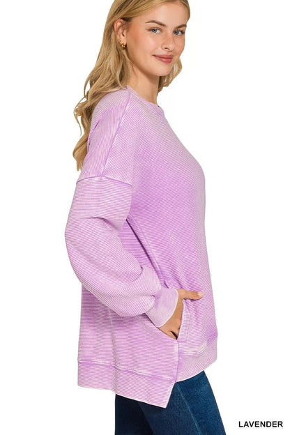 Acid Washed Double Ribbed Hi-low Sweatshirt - FamilyClothes