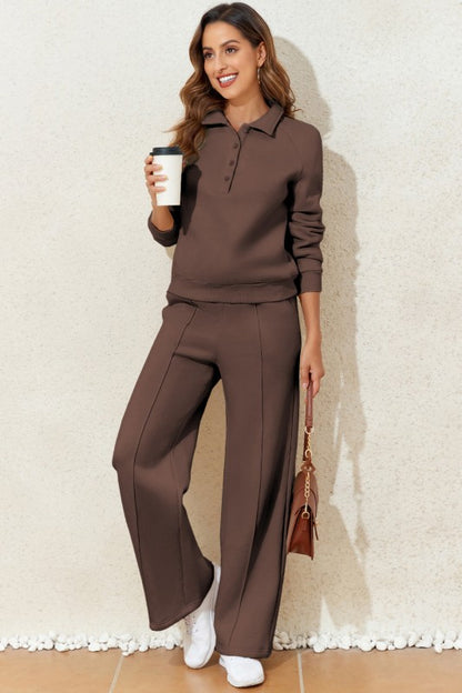 Solid Collared Sweatshirt and Pants Set - FamilyClothes