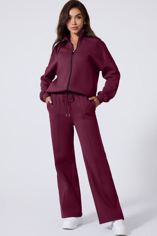 Solid Zip-Up Jacket and Drawstring Pants Set - FamilyClothes