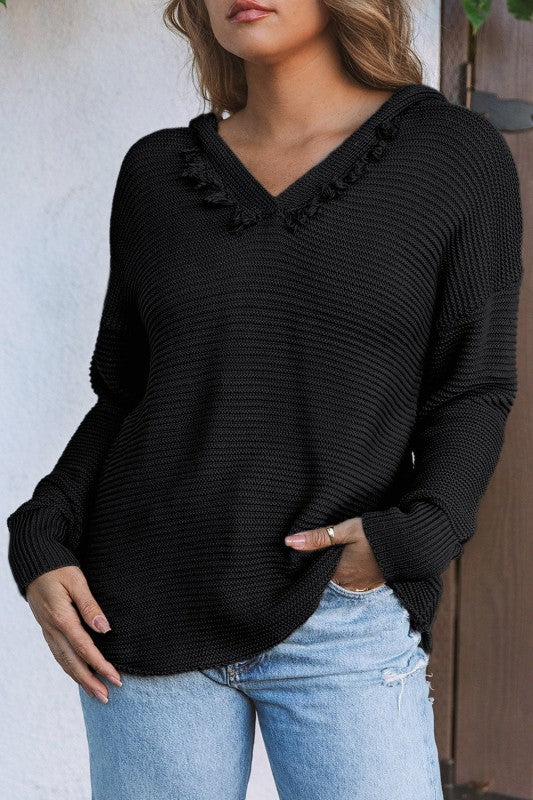 Solid Ribbed Drop Shoulder Hooded V-Neck Sweater - FamilyClothes