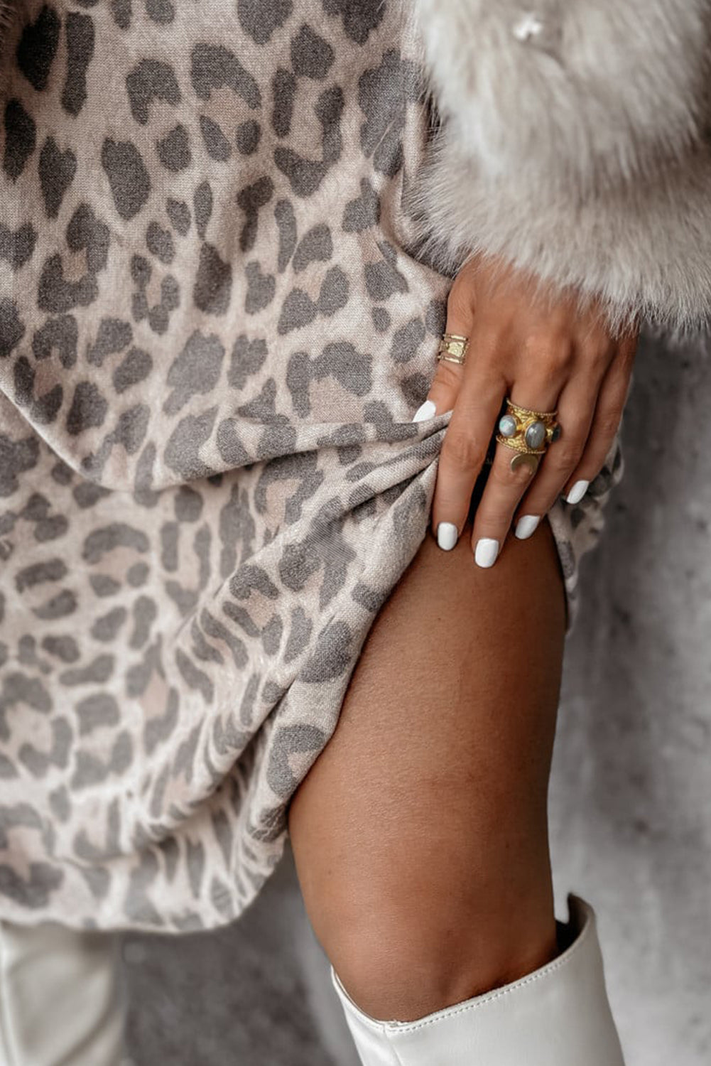 Gray Leopard Print Midi Dress - Loose Fit V Neck Long Sleeve Style - FamilyClothes