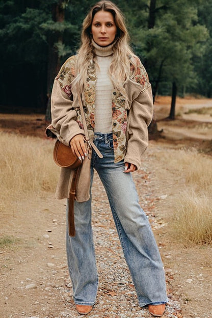 Floral Waffle Knit Patchwork Chest Pocket Buttoned - FamilyClothes