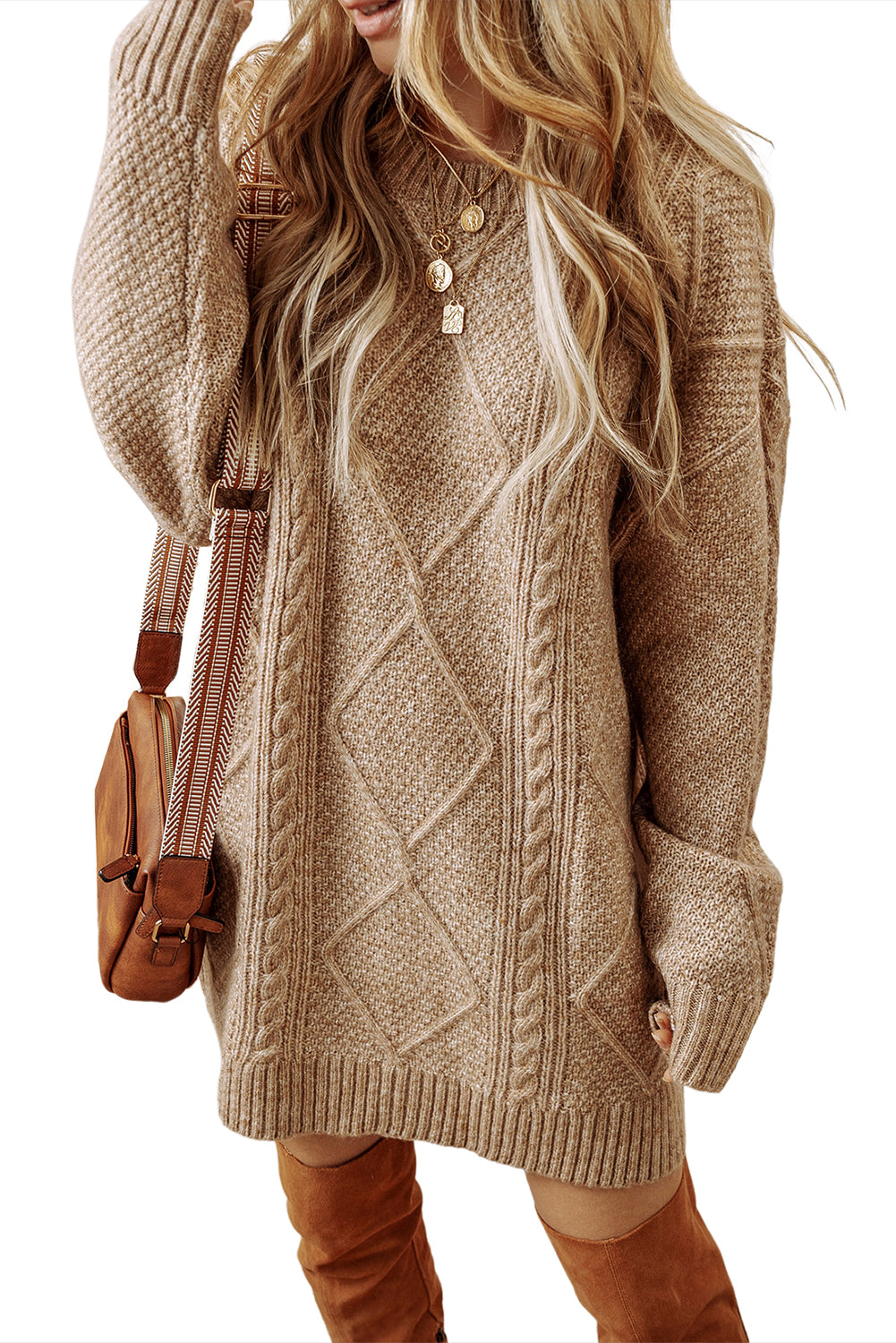 Coffee Knit Sweater Dress - Cable Knit Drop Shoulder Loose Fit Design - FamilyClothes