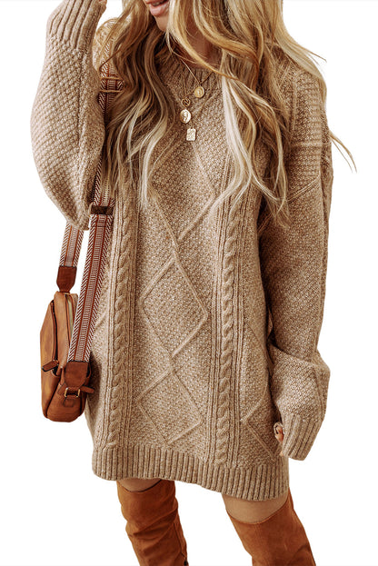 Coffee Knit Sweater Dress - Cable Knit Drop Shoulder Loose Fit Design - FamilyClothes