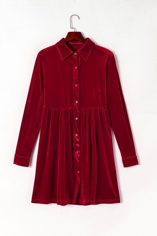 Velvet Button-Up Long Sleeve Ruffle Dress - FamilyClothes