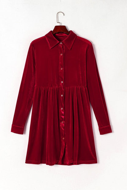 Velvet Button-Up Long Sleeve Ruffle Dress - FamilyClothes