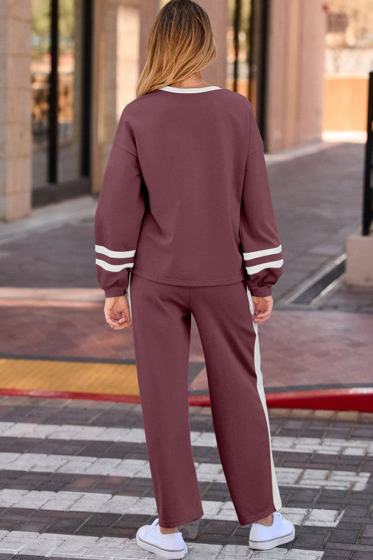 Varsity Stripe Patchwork Pullover and Pant Set - FamilyClothes