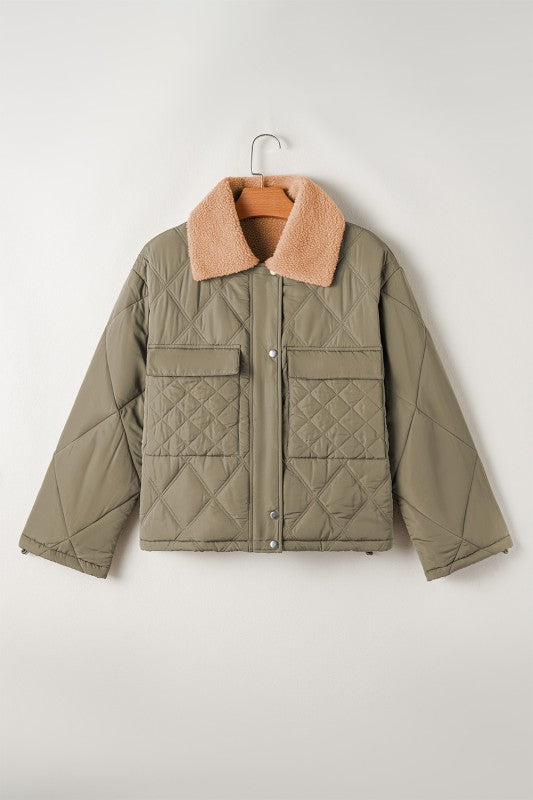 Teddy Collar Flap Pockets Quilted Puffer Jacket - FamilyClothes