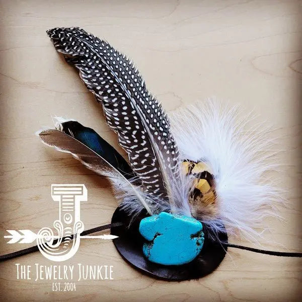Blue Turquoise, Spotted Feather & Leather Hat Band - FamilyClothes