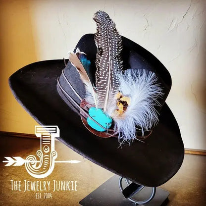 Blue Turquoise, Spotted Feather & Leather Hat Band - FamilyClothes